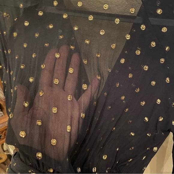 ABS Women Black Sheer Gold Metallic Polka Dot Silk Blend Tie Waist Top-Medium - Picture 5 of 8